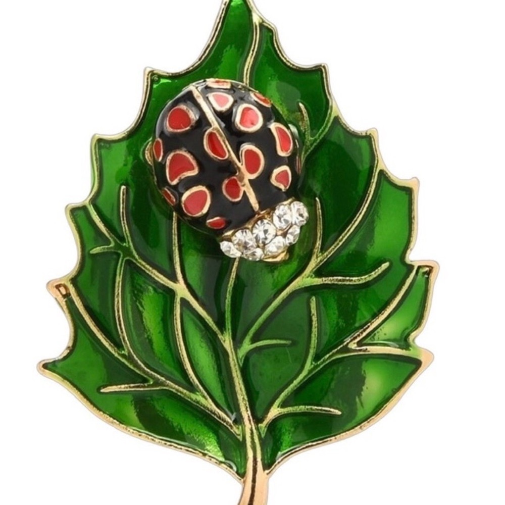 Green Leaf Brooch with Ladybug Design